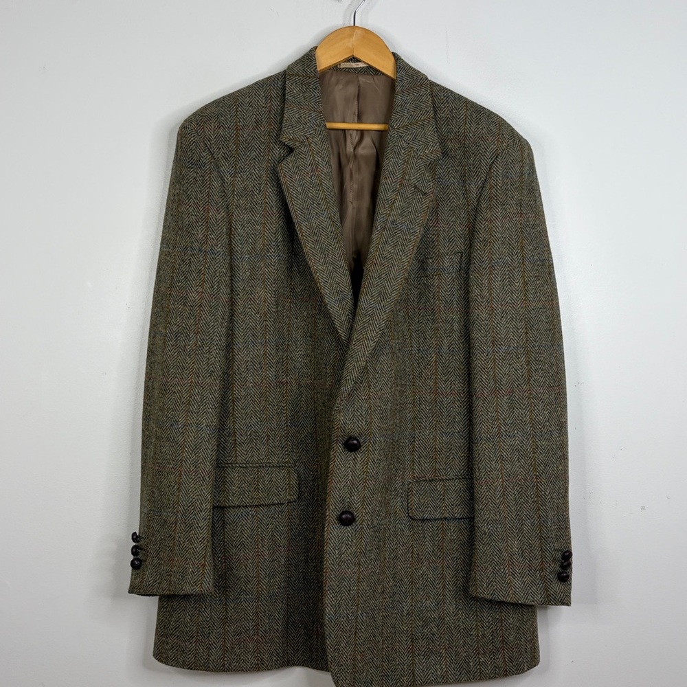 Harris Tweed Sport Coat Men 44L Brown Taupe Wool Herringbone Blue Stripe Blazer - Picture 2 of 16